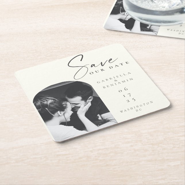 Minimalist Elegant Ivory Black Photo Save the Date Square Paper Coaster (Angled)