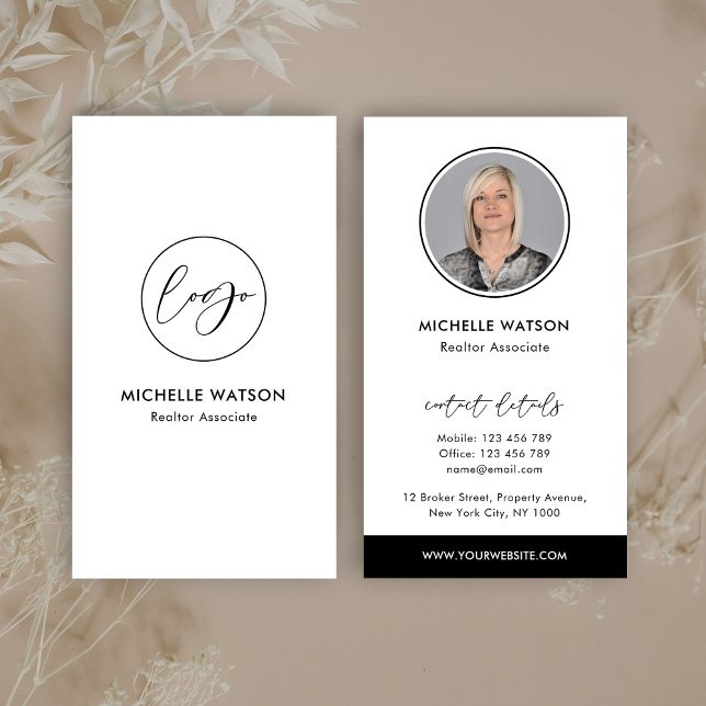 Minimalist Elegant Logo Notary Real Estate Photo Business Card (Modern black and white business cards design with space for your photo and logo)