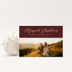 Minimalist Elegant Married Christmas Script Photo Foil Holiday Card