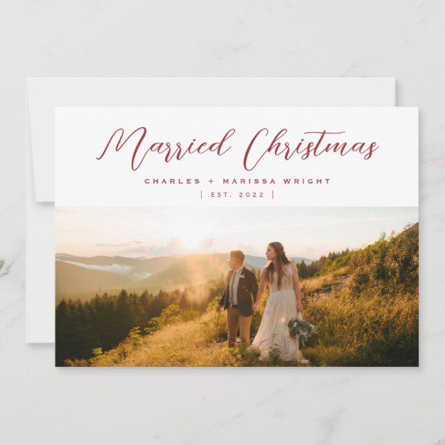 Minimalist Elegant Married Christmas Script Photo  Holiday Card (Front)
