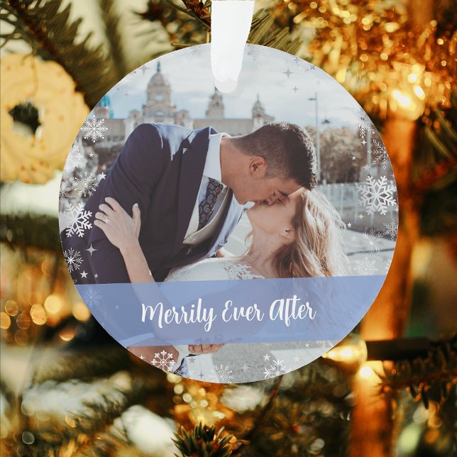 Minimalist Elegant Merrily Ever After 2 Photos Ornament (Our First Christmas as Mr. & Mrs. Elegant Modern Minimalist Merrily Ever After  2 Photos Snowflakes)