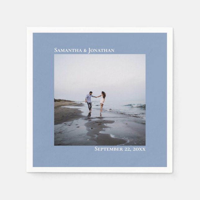 Minimalist Elegant Modern Dusty Blue Wedding Photo Napkin (Front)