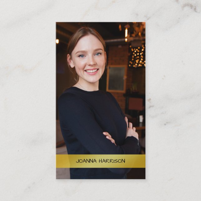 Minimalist Elegant Modern Metallic Gold Band Photo Business Card (Front)