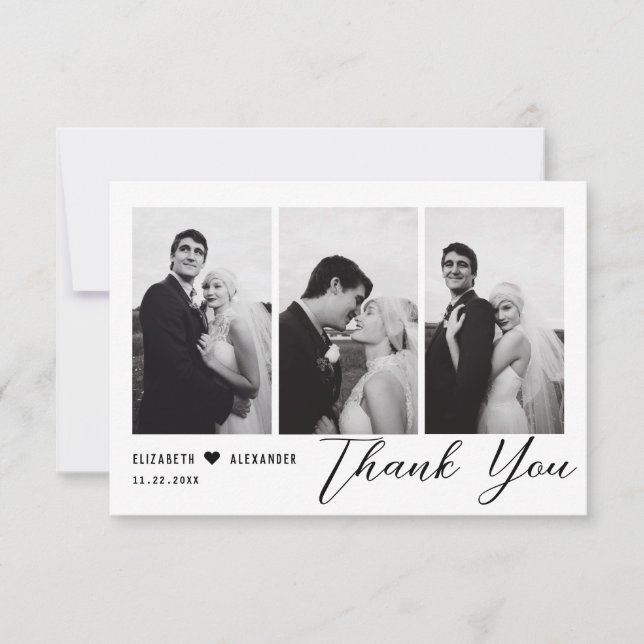 Minimalist Elegant Modern Script Wedding 4 Photos Thank You Card (Front)