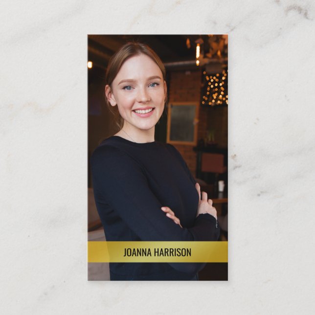 Minimalist Elegant Modern Shimmery Gold Band Photo Business Card (Front)