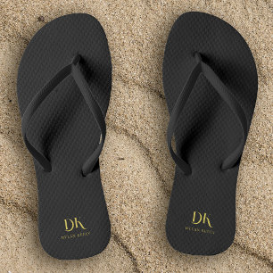 Minimalist Elegant Monogram Black Gold Stylish Flip Flops