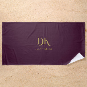 Minimalist Elegant Monogram Dark Red Gold Stylish Beach Towel