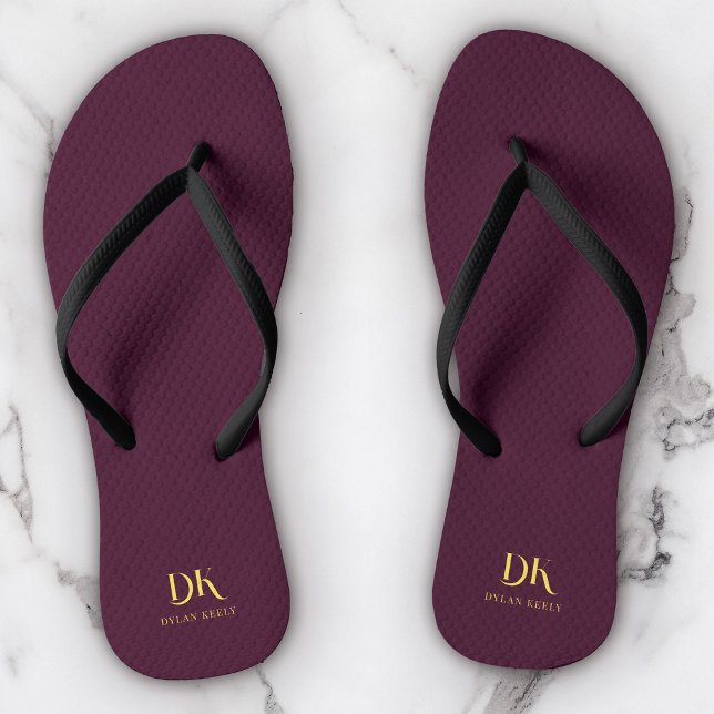 Minimalist Elegant Monogram Dark Red Gold Stylish Flip Flops (Creator Uploaded)