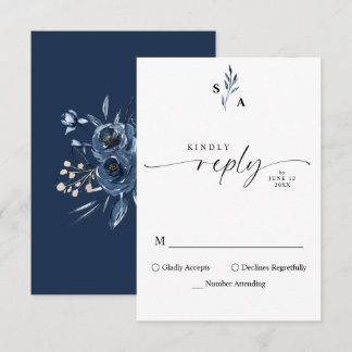 Minimalist Elegant Monogram Navy Blue Calligraphy RSVP Card