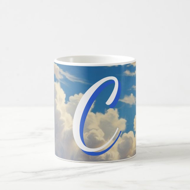 Minimalist Elegant Monogrammed Blue Sky Clouds Coffee Mug (Center)