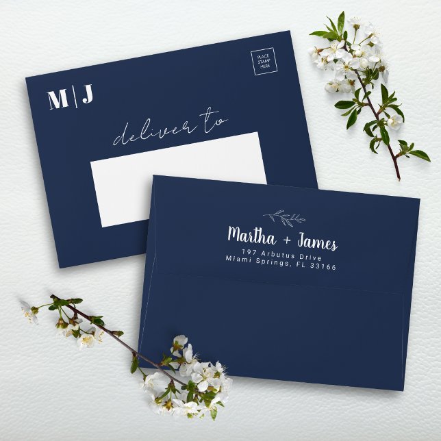 Minimalist Elegant Navy Blue Floral Wedding  Envelope (Minimalist navy blue floral envelope adds refined elegance to your wedding invitations)