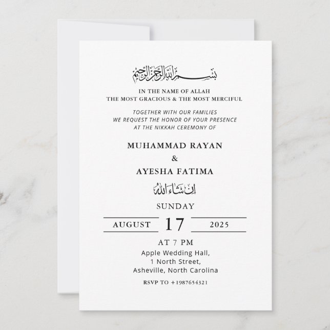 Minimalist Elegant Nikkah Arabic Islamic Wedding Invitation (Front)