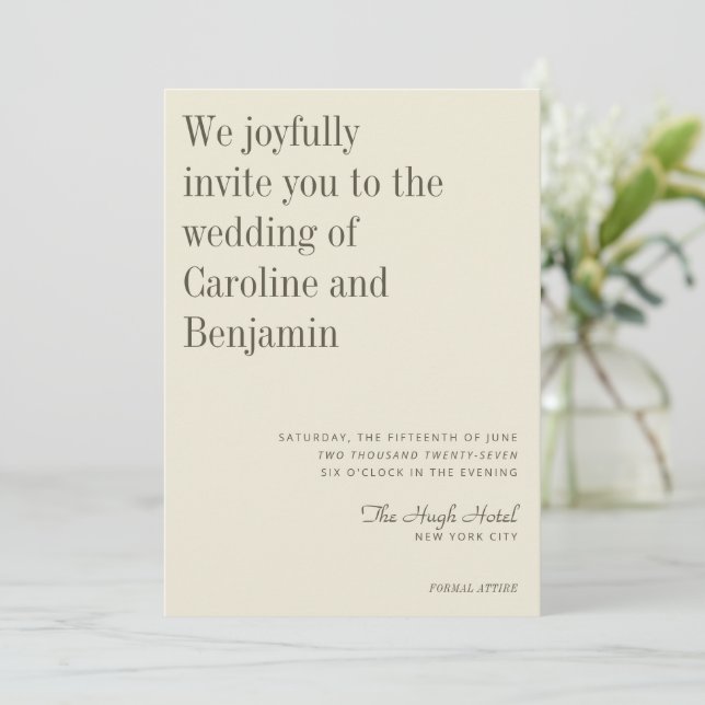 Minimalist Elegant Olive Cream Modern Wedding Invitation (Standing Front)