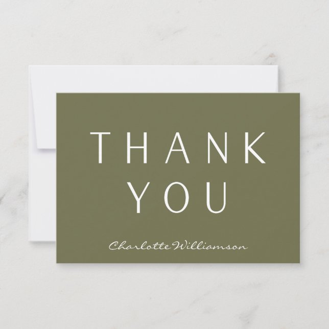 Minimalist Elegant Olive Green Custom Name Thank You Card (Front)