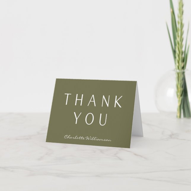 Minimalist Elegant Olive Green Personalised  Thank You Card (Front)