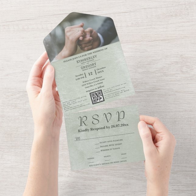 Minimalist Elegant Pale Sage Green Celadon QR Code All In One Invitation (Tearaway)