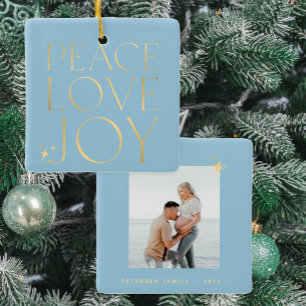 Minimalist elegant peace love joy family photo ceramic ornament