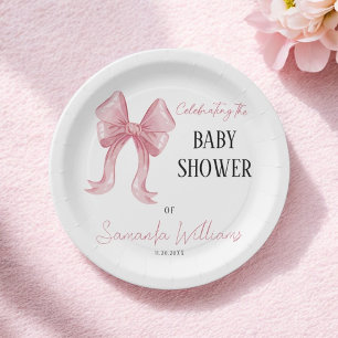 Minimalist Elegant Pink Bow Girl Baby Shower Paper Plate