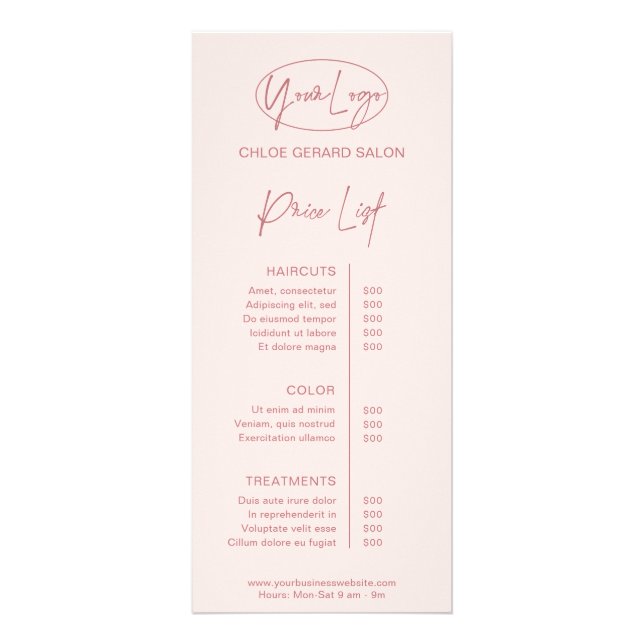 Minimalist Elegant Pink Modern Price List Rack Card (Front)