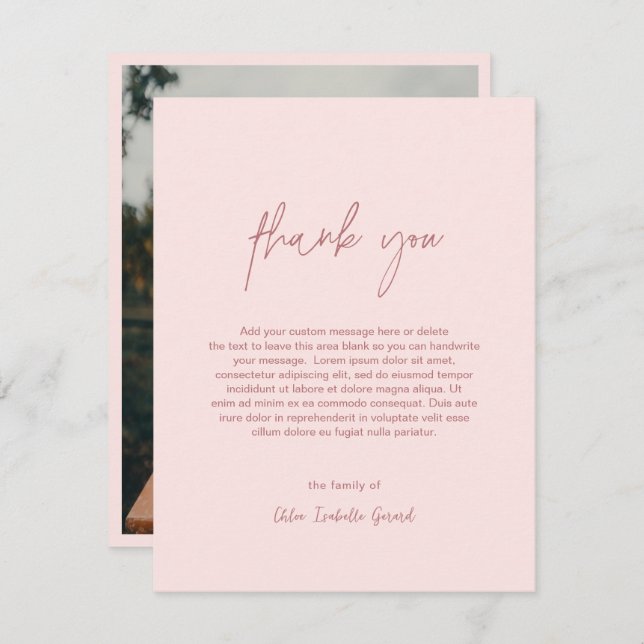 Minimalist Elegant Pink Photo Modern Funeral Thank You Card (Front/Back)