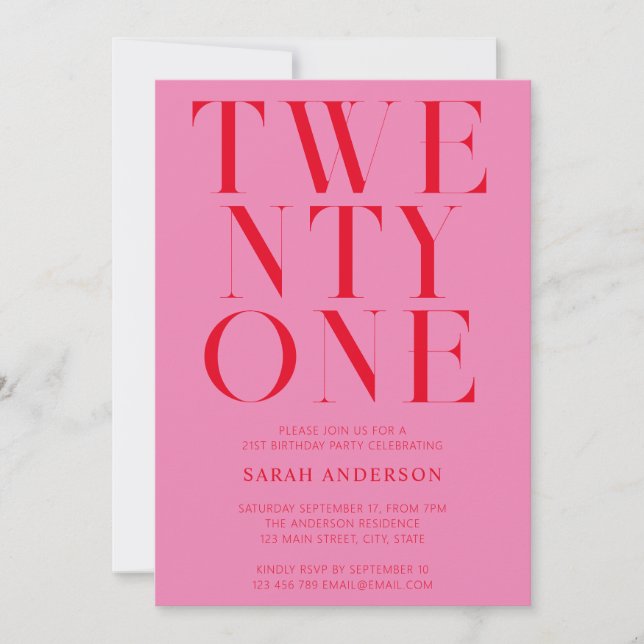 Minimalist Elegant Pink Red Bold 21st Birthday Invitation (Front)