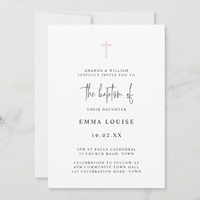 Minimalist Elegant Pink Watercolor Photo Baptism Invitation (Front)