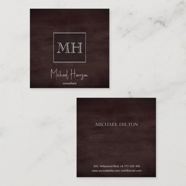 Minimalist elegant plain brown texture monogram  square business card (Front/Back)