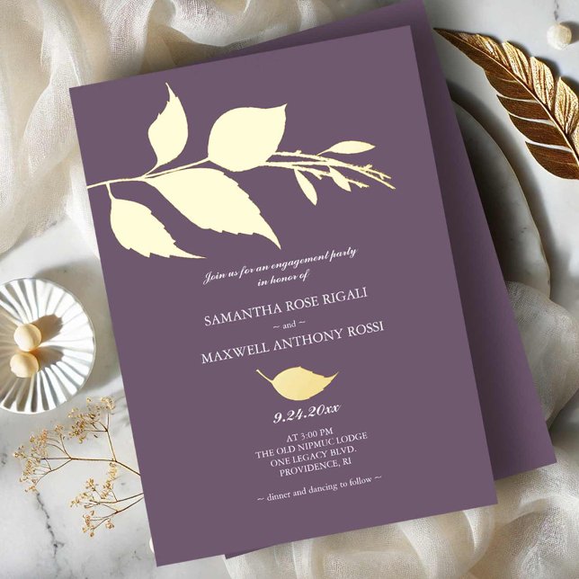 Minimalist Elegant Purple Engagement Party (Engagement party invitations purple with gold foil leaves)