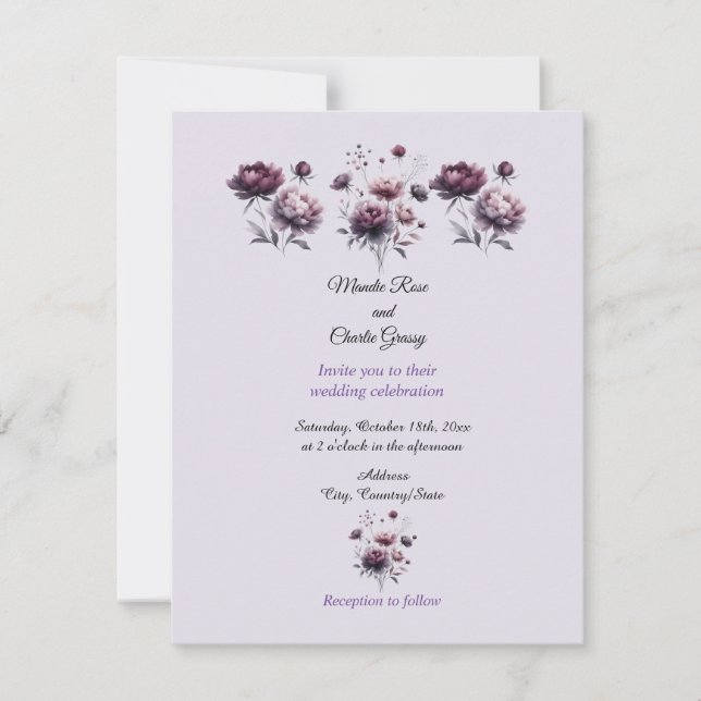 Minimalist Elegant Purple Peony Wedding Invitation (Front)