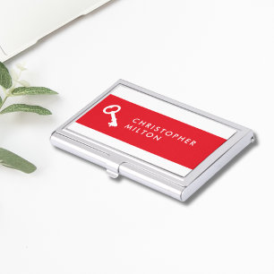 Minimalist Elegant Red White Key Icon Realtor Business Card Holder