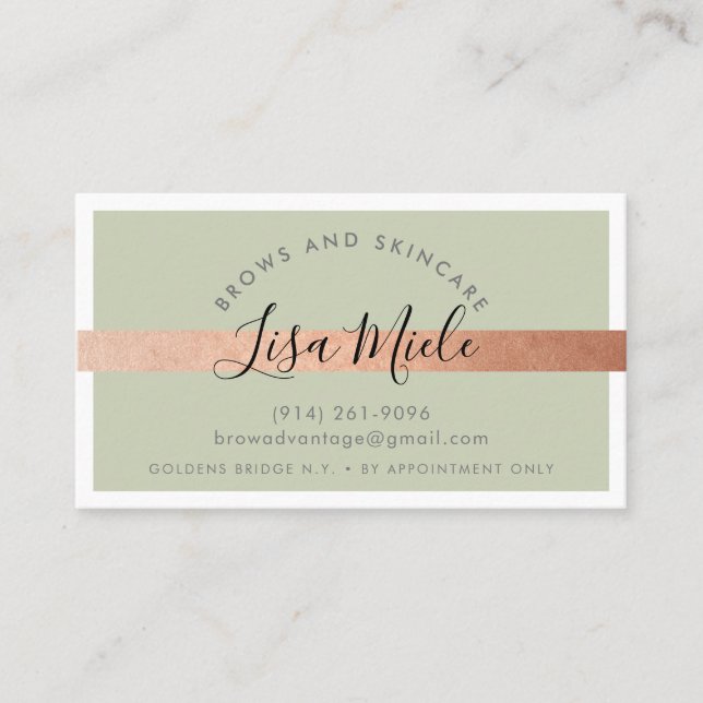 MINIMALIST elegant rose gold stripe sage green Business Card (Front)