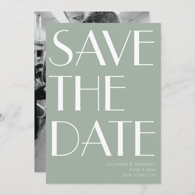Minimalist Elegant Sage Green Art Deco Photo Save The Date (Front/Back)