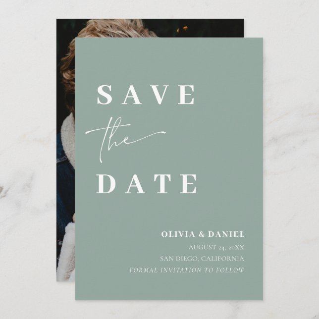 Minimalist Elegant Sage Green Photo Save the Date Invitation (Front/Back)