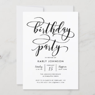 Minimalist Elegant Script Birthday Party Black Invitation