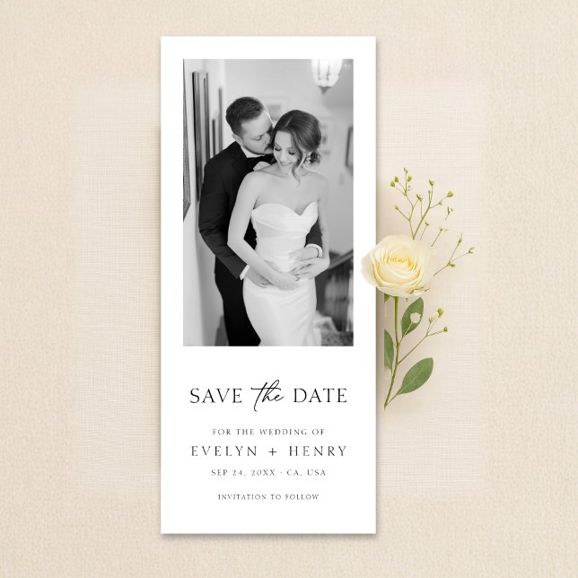 Minimalist Elegant Script Black and White Photo Save The Date (Creator Uploaded)