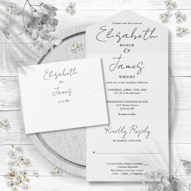 Minimalist Elegant Script Black And White Wedding All In One Invitation (Minimalist Elegant Script Black And White Wedding All In One Invitation)