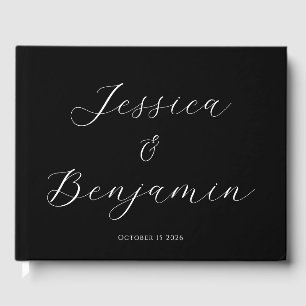 Minimalist Elegant Script Black Background Custom Guest Book