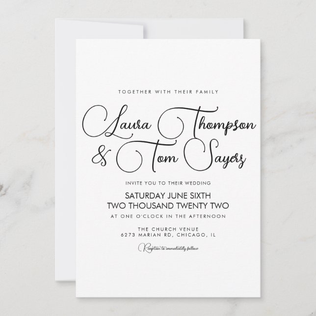 Minimalist Elegant Script Black White Chic Wedding Invitation (Front)