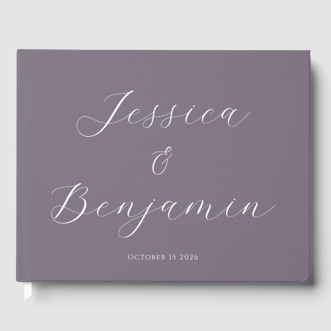 Minimalist Elegant Script Customisable Dark Purple Guest Book (Front)