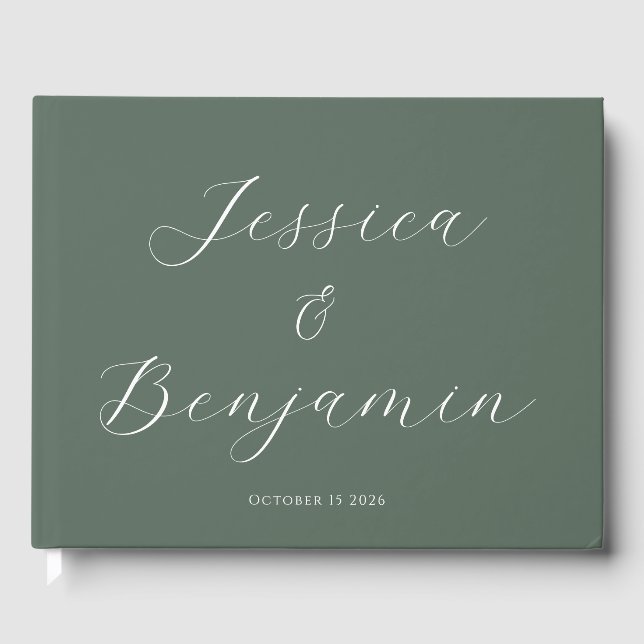 Minimalist Elegant Script Customisable Dark Sage Guest Book (Front)