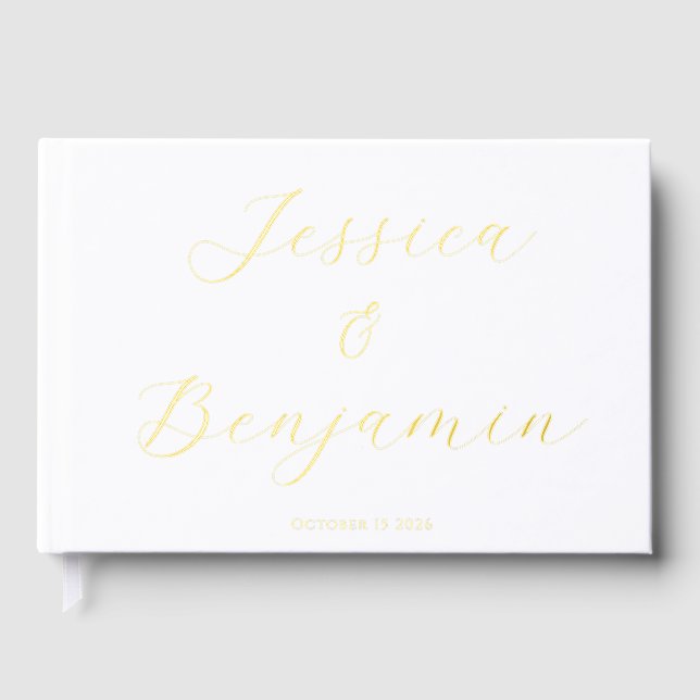 Minimalist Elegant Script Gold Foil Custom White Guest Book (Front)
