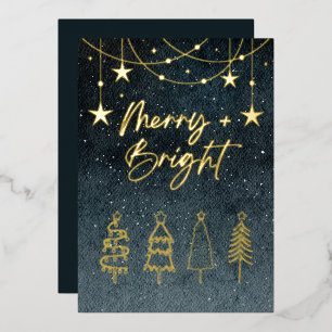 Minimalist Elegant Script Pine Trees Christmas Foil Holiday Card