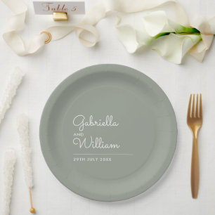 Minimalist Elegant Script Sage Green Wedding Paper Plate
