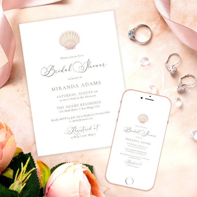Minimalist Elegant Sea Shell Beach Bridal Shower Invitation (Creator Uploaded)