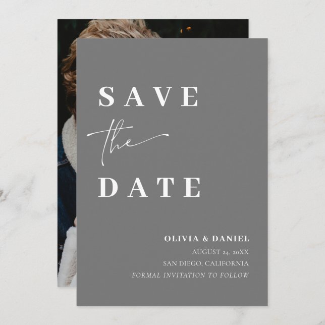 Minimalist Elegant Simple Grey Photo Save the Date Invitation (Front/Back)