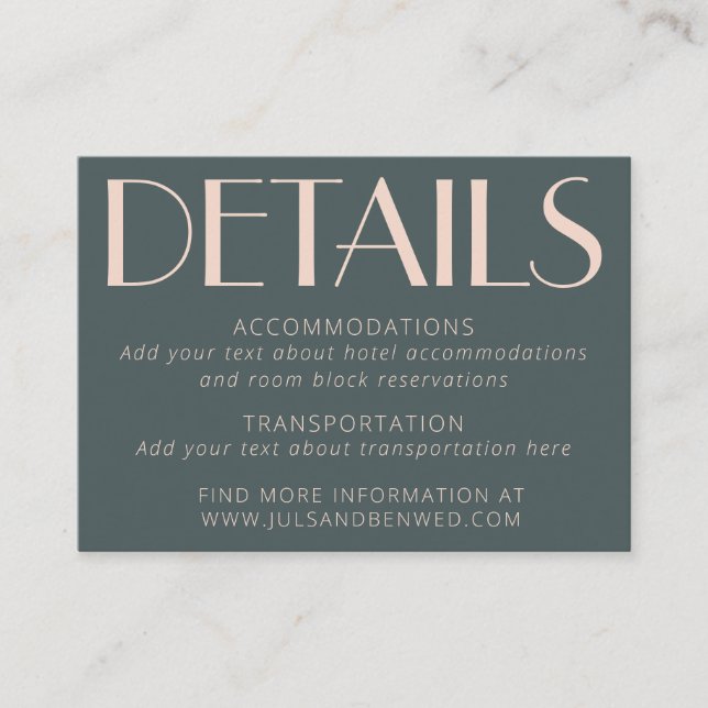 Minimalist Elegant Teal and Blush Art Deco Wedding Enclosure Card (Front)