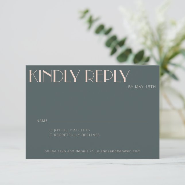 Minimalist Elegant Teal Blush Art Deco Wedding  RSVP Card (Standing Front)