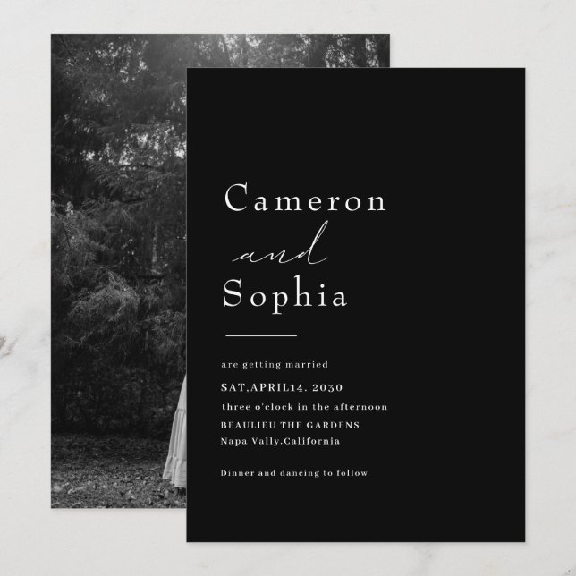 Minimalist Elegant Text Wedding Photo black White Save The Date (Front/Back)