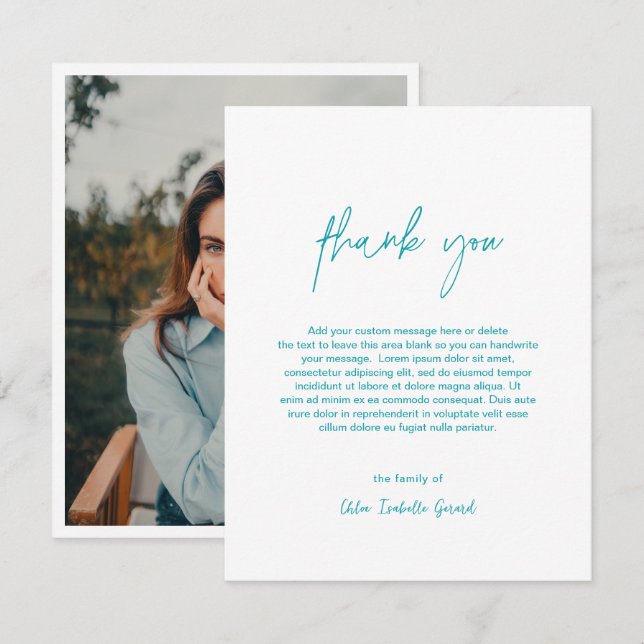 Minimalist Elegant Turquoise Photo Modern Funeral Thank You Card (Front/Back)