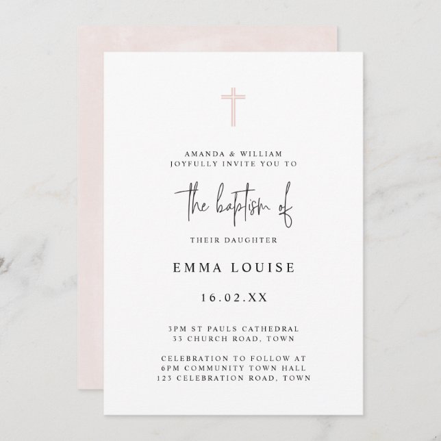 Minimalist Elegant Watercolor Handwritten Baptism Invitation (Front/Back)